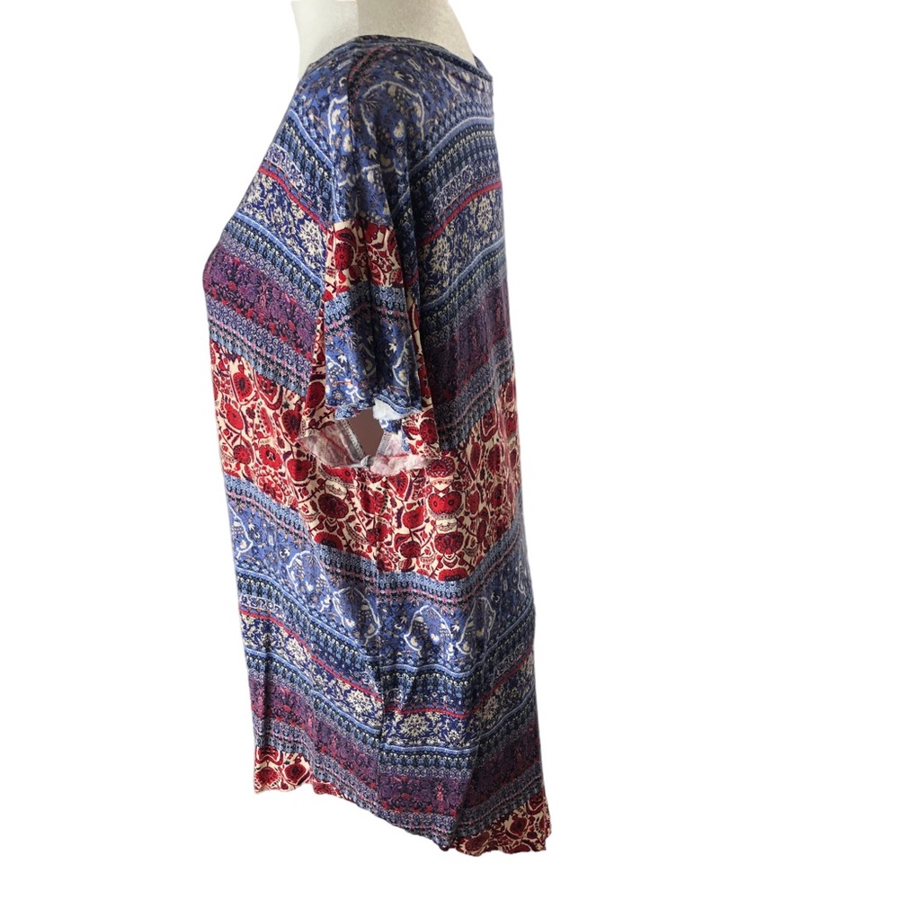 Live and Let Live Popover Top Women XL Blue Red Tan Boho Folk Art Print - Picture 4 of 10